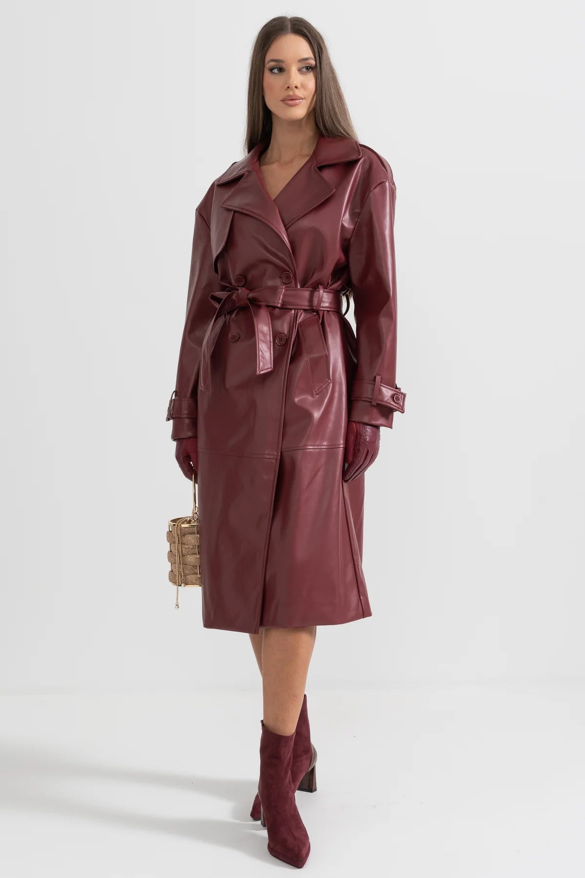 Burgundy Vegan Leather Trench Coat