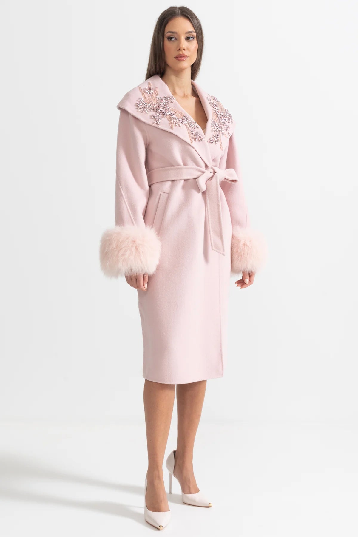 Cashmere Wool Fox Fur Crystal Embroidered Coat