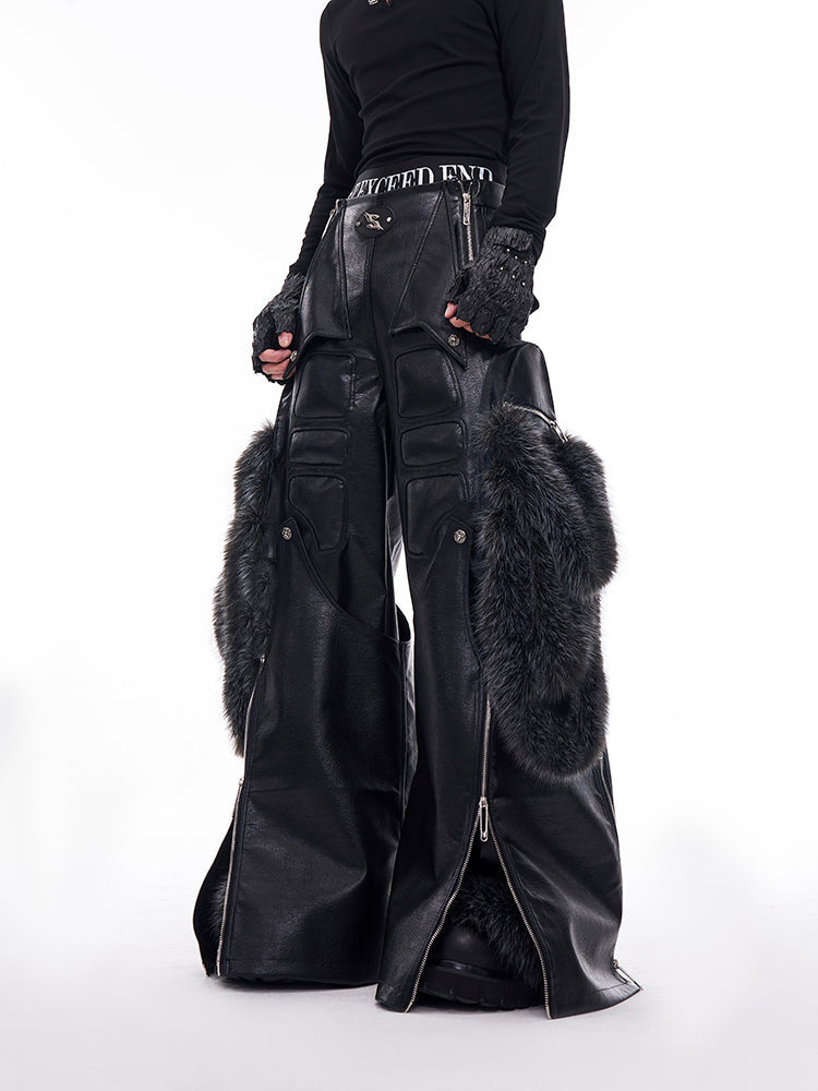 Detachable Fur Splicing Leather Wide-Leg Pants