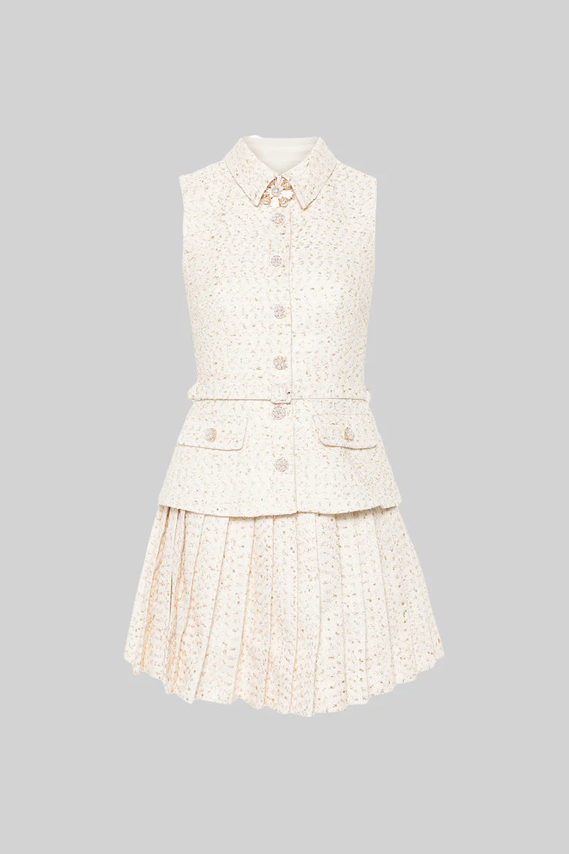 Sleeveless Crystal Tweed Belted Dress