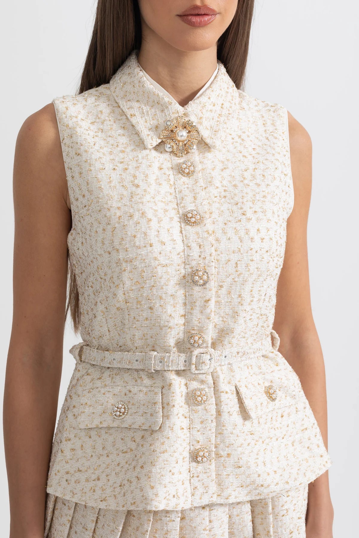 Sleeveless Crystal Tweed Belted Dress