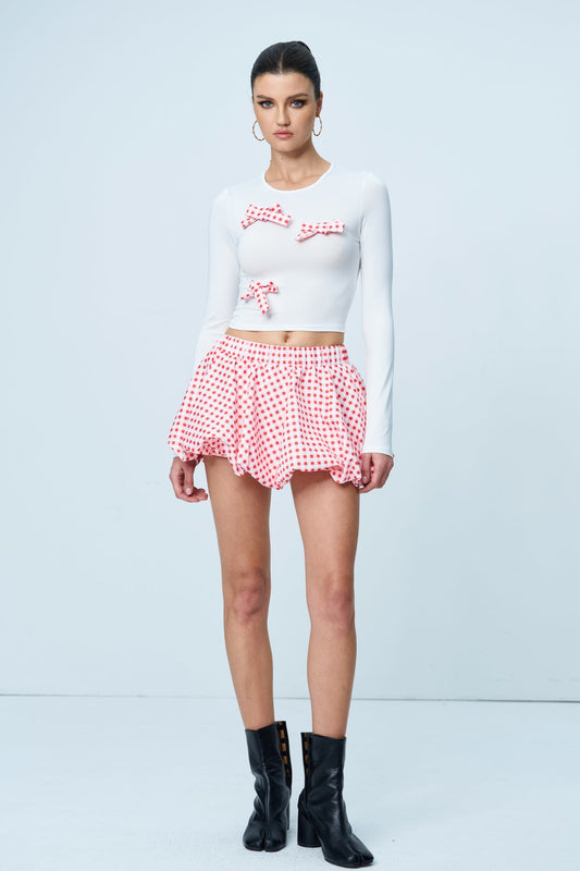 Grid Bowknot Ruffle Skirt And Long-Sleeve Top Set