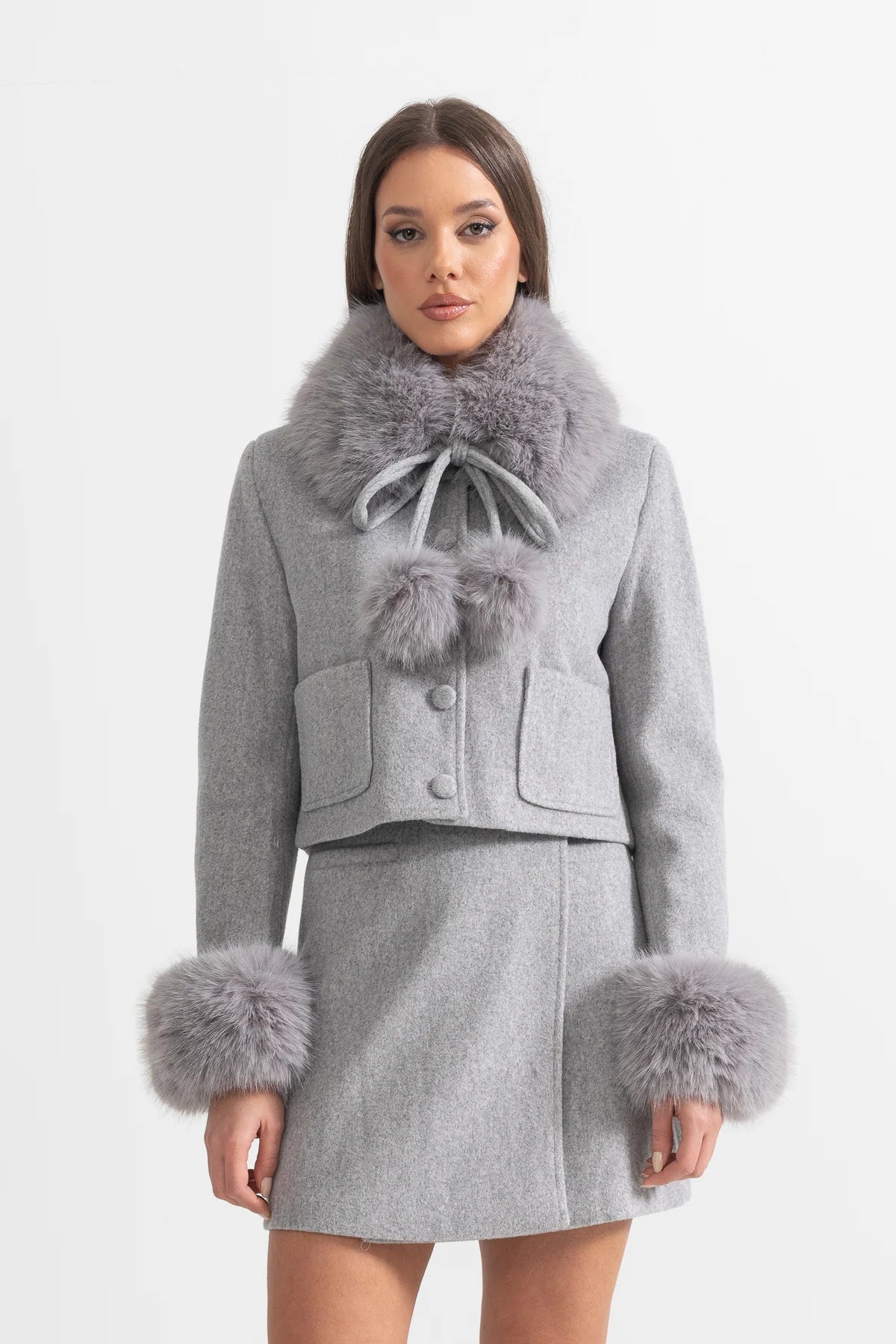 Woolen Two Piece Fur Cuffs Skirt And Jacket Set