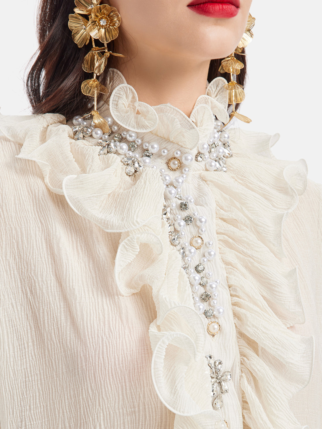 Ruffled Crystal Beaded Long-Sleeve Shirt