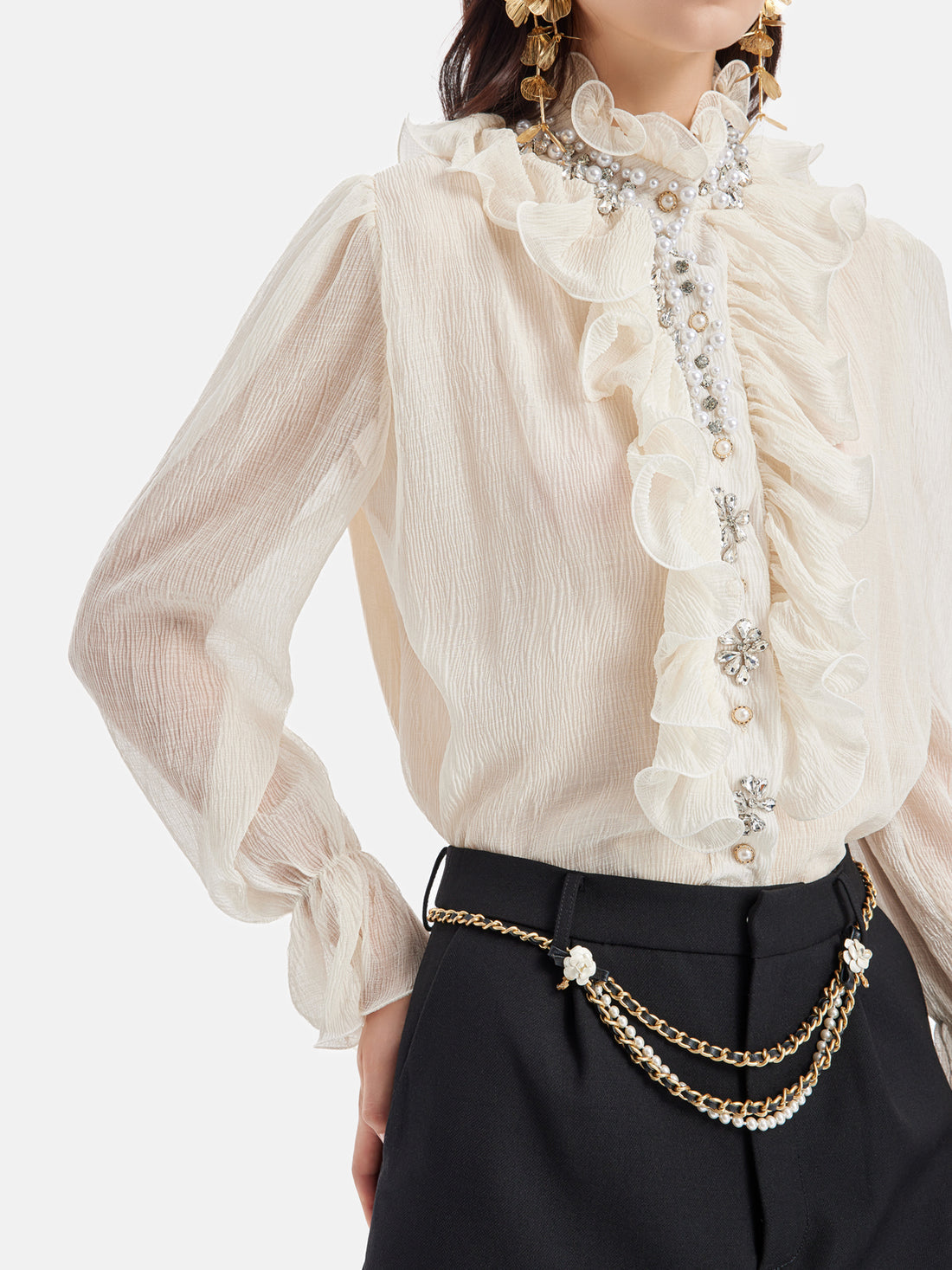 Ruffled Crystal Beaded Long-Sleeve Shirt