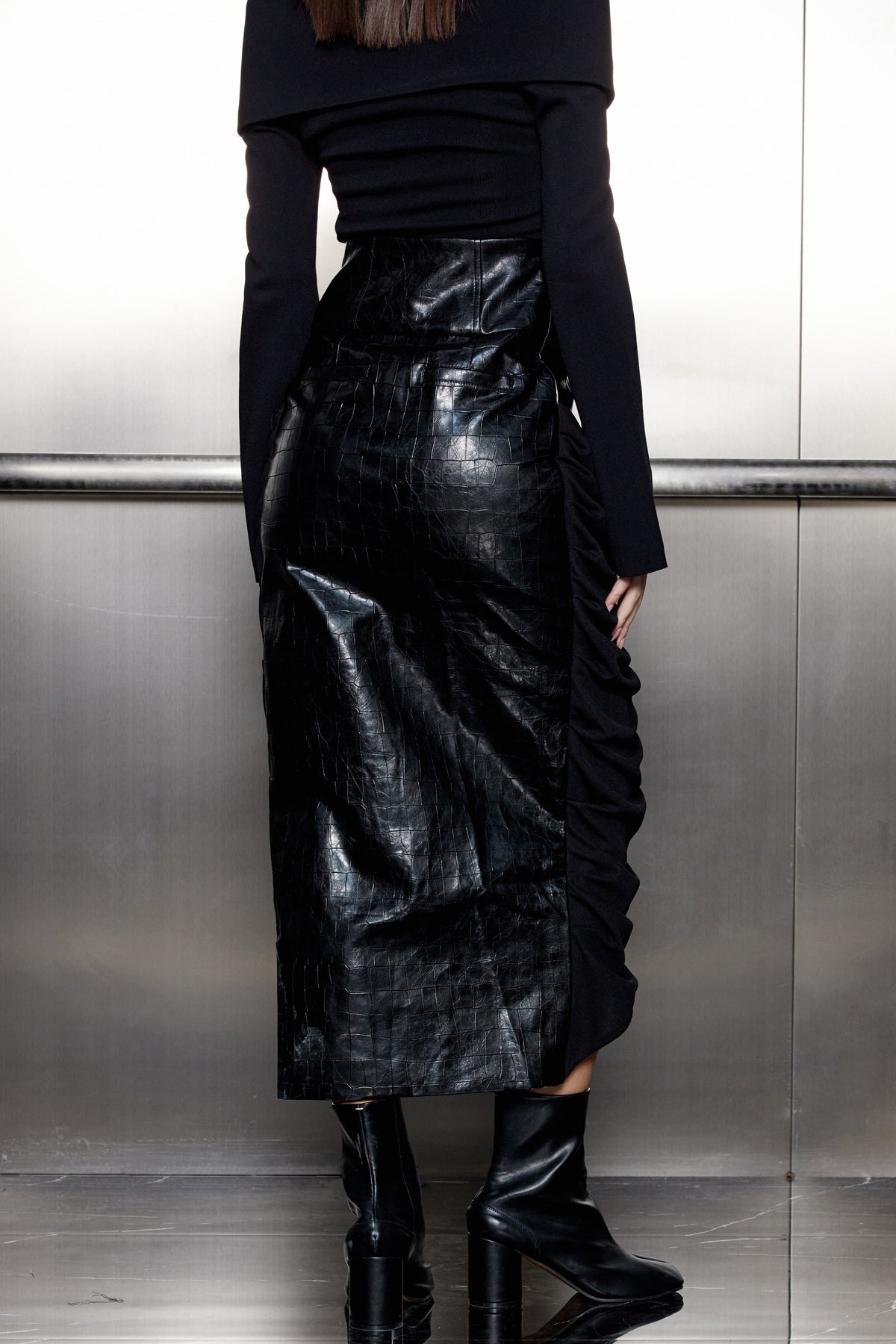 Ruched Leather Patchwork Pleated Split Long Skirt