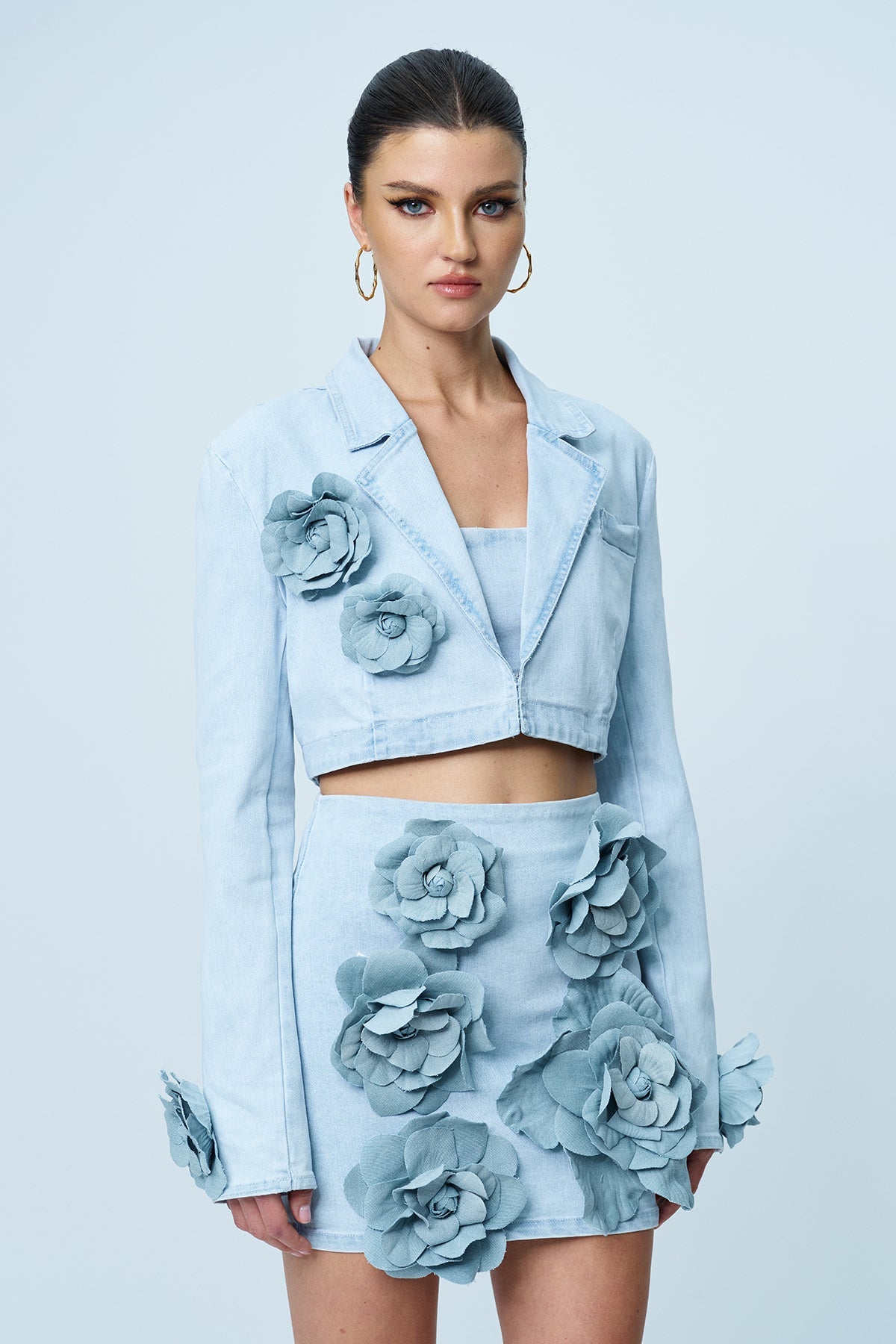 3D Flower Crop Blazer Coat And Skirt Denim Set