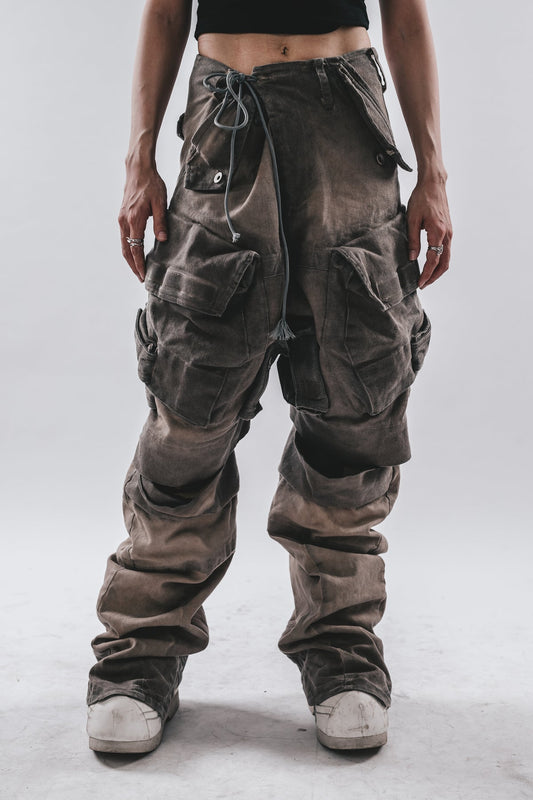 Heavyduty Washed Pockets Wide-Leg Cargo Pants