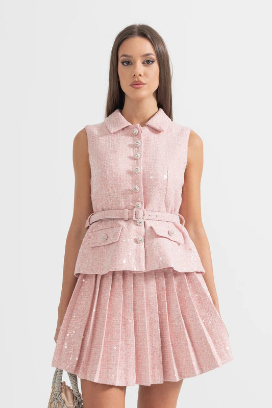 Sleeveless Crystal Tweed Belted Dress