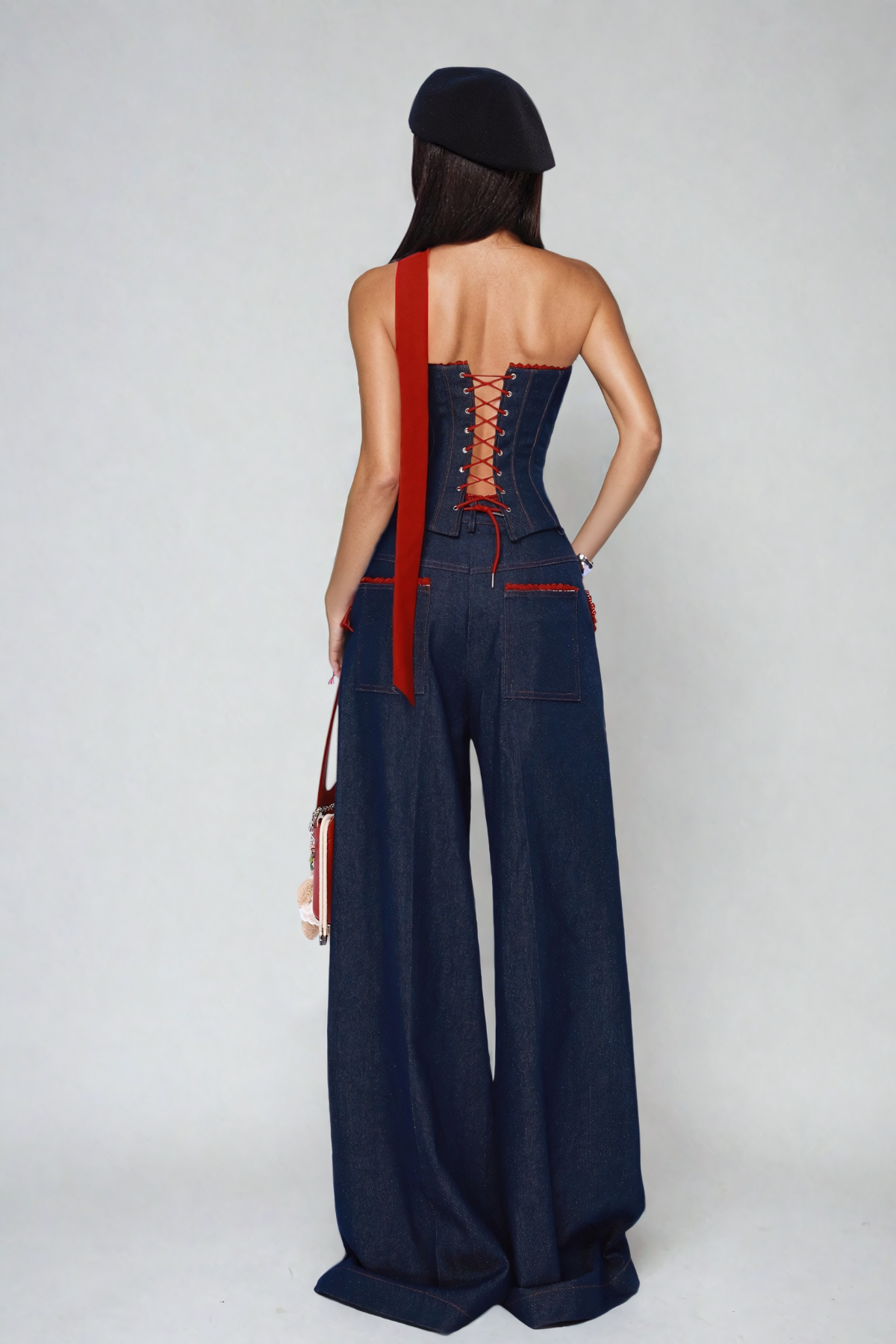 Strapless Top And Baggy Denim Pant Set