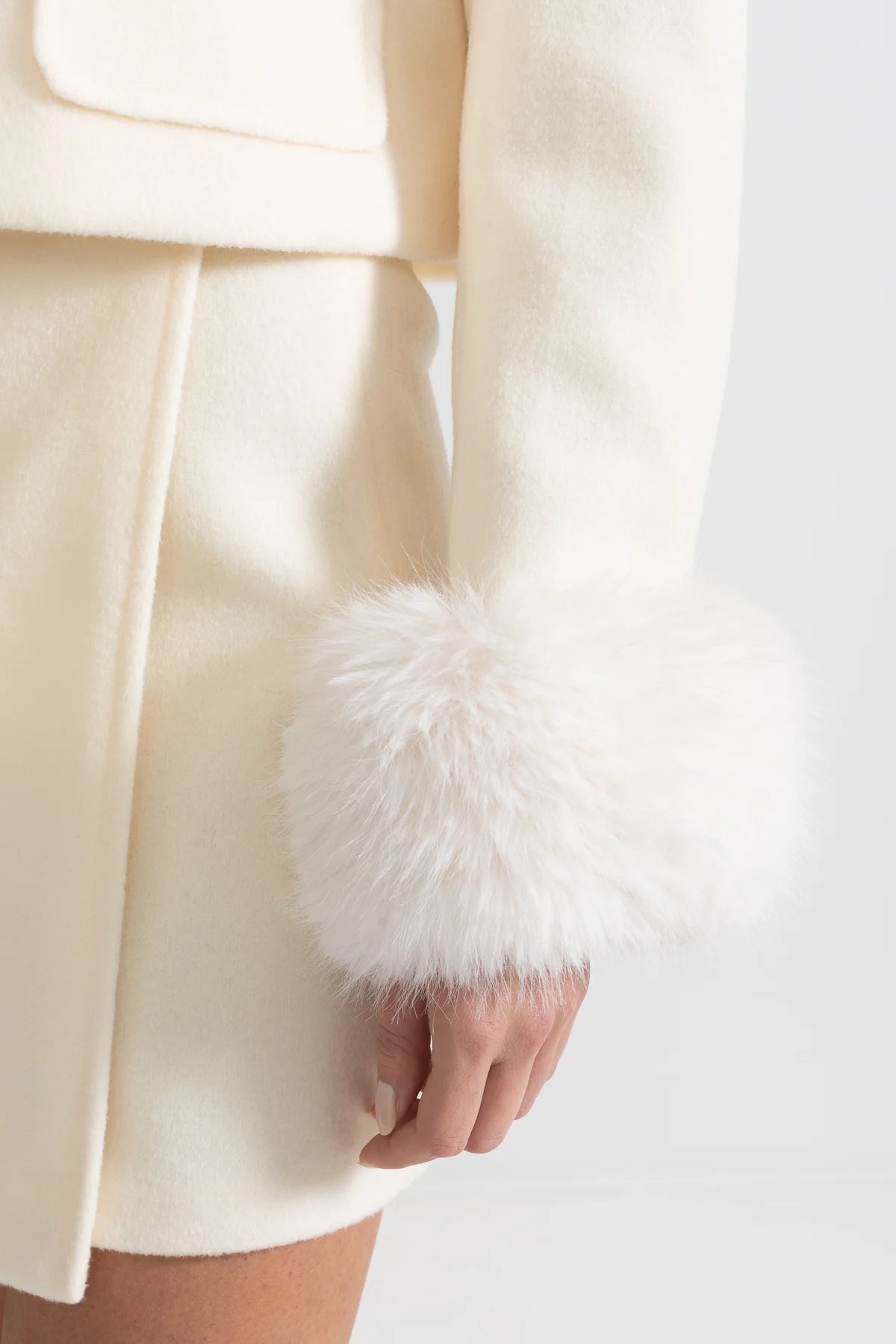 Woolen Two Piece Fur Cuffs Skirt And Jacket Set