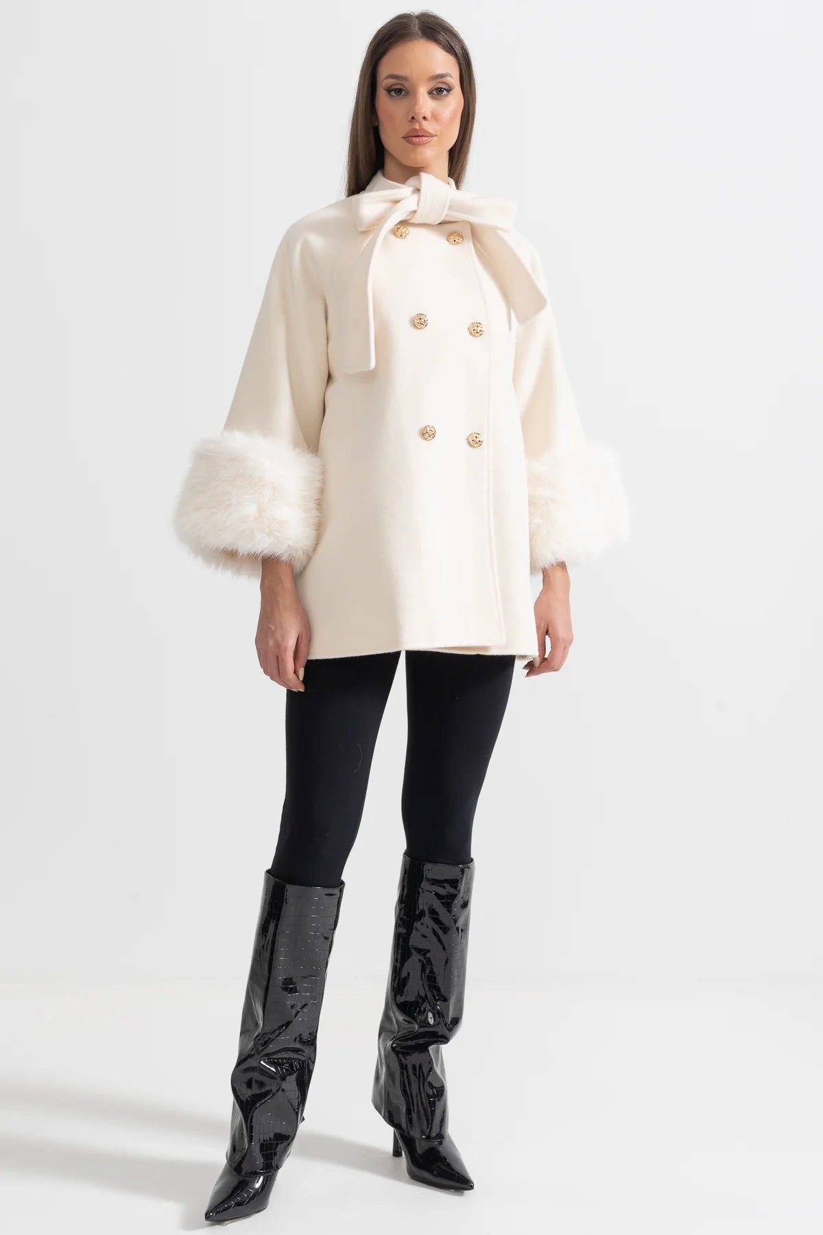 Woolen Cape Fur Cuff And Ribbon Coat