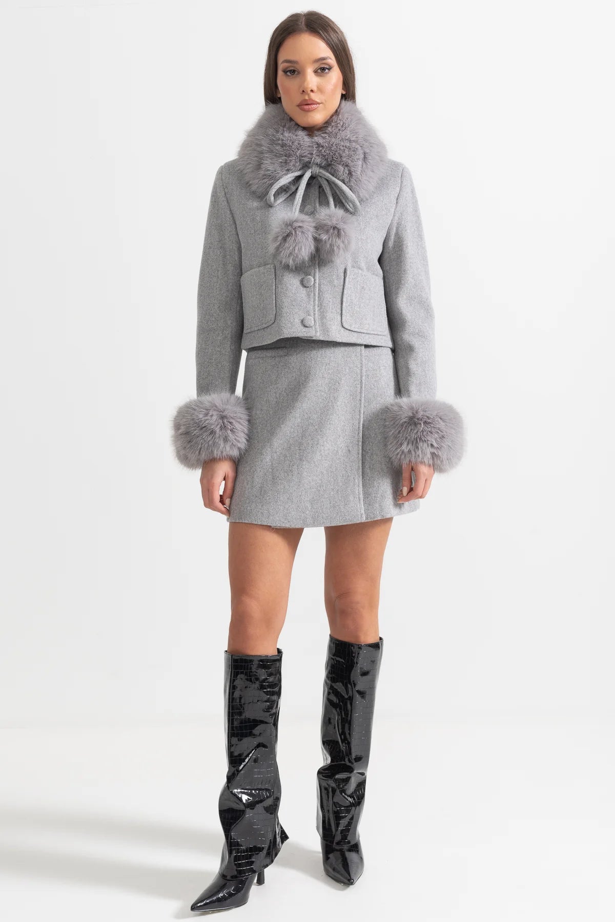 Woolen Two Piece Fur Cuffs Skirt And Jacket Set