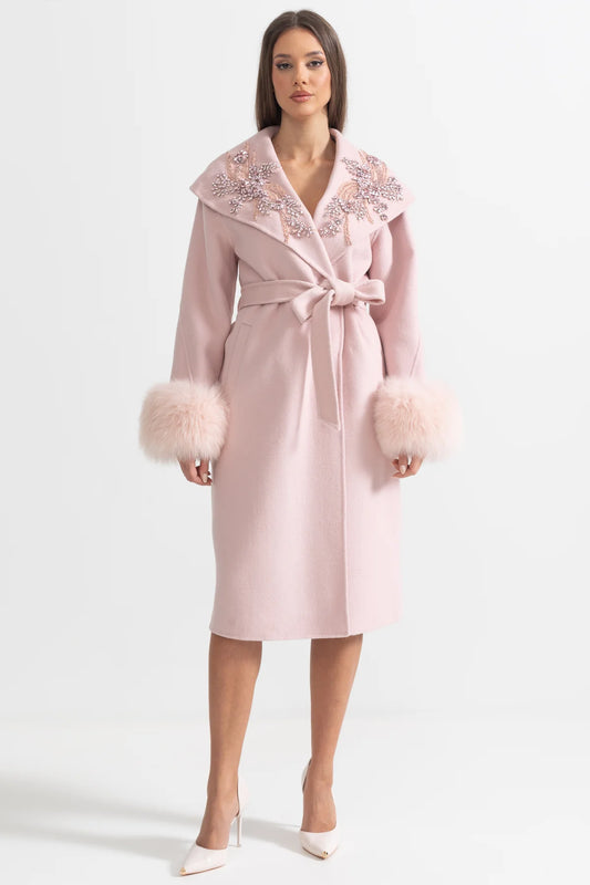 Cashmere Wool Fox Fur Crystal Embroidered Coat