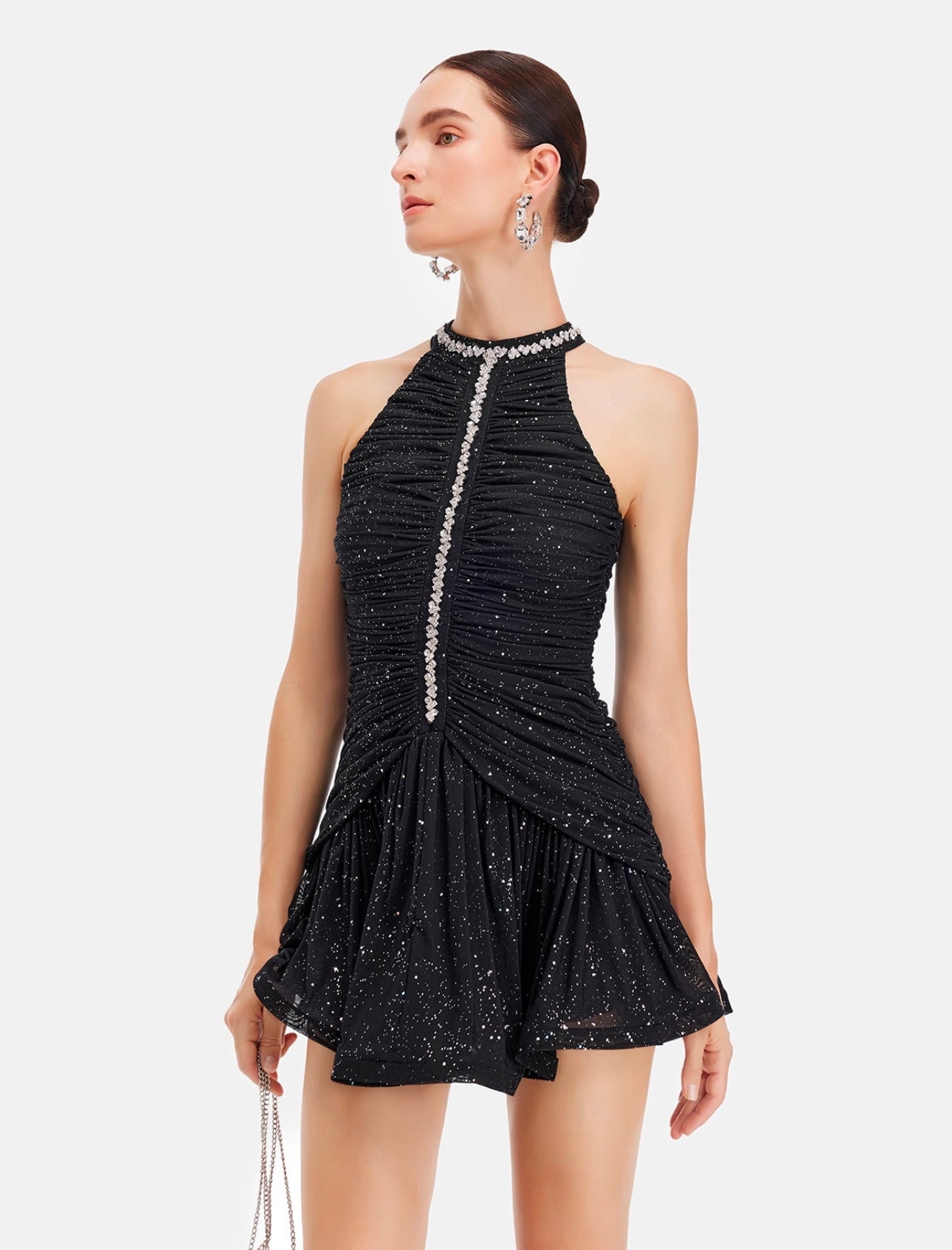 Crystal And Glitter Pleated Sleeveless Fitted Dress