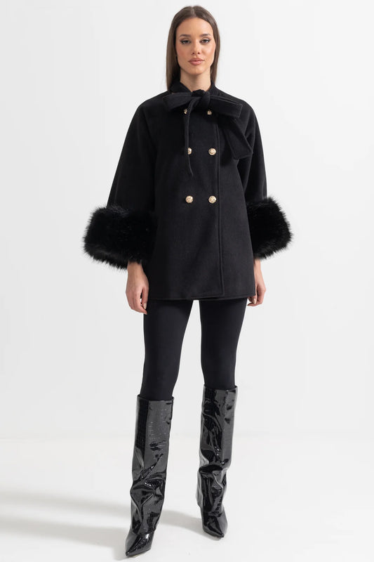 Woolen Cape Fur Cuff And Ribbon Coat