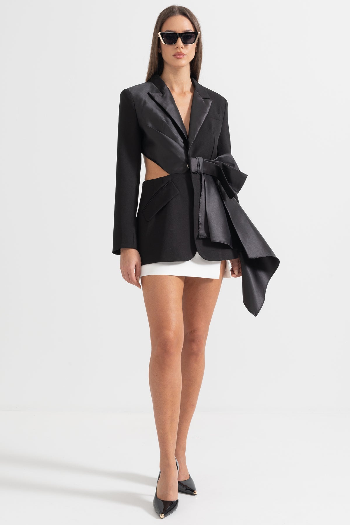 Asymmetrical Bowknot Cutout Ruffled Draping Blazer