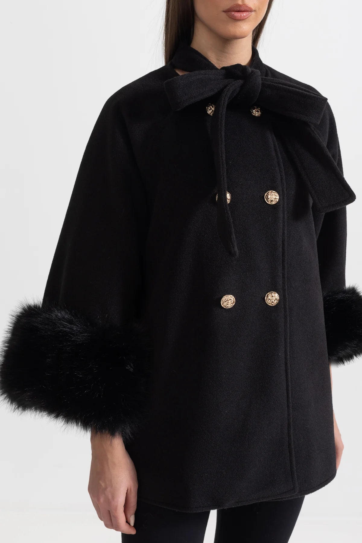 Woolen Cape Fur Cuff And Ribbon Coat