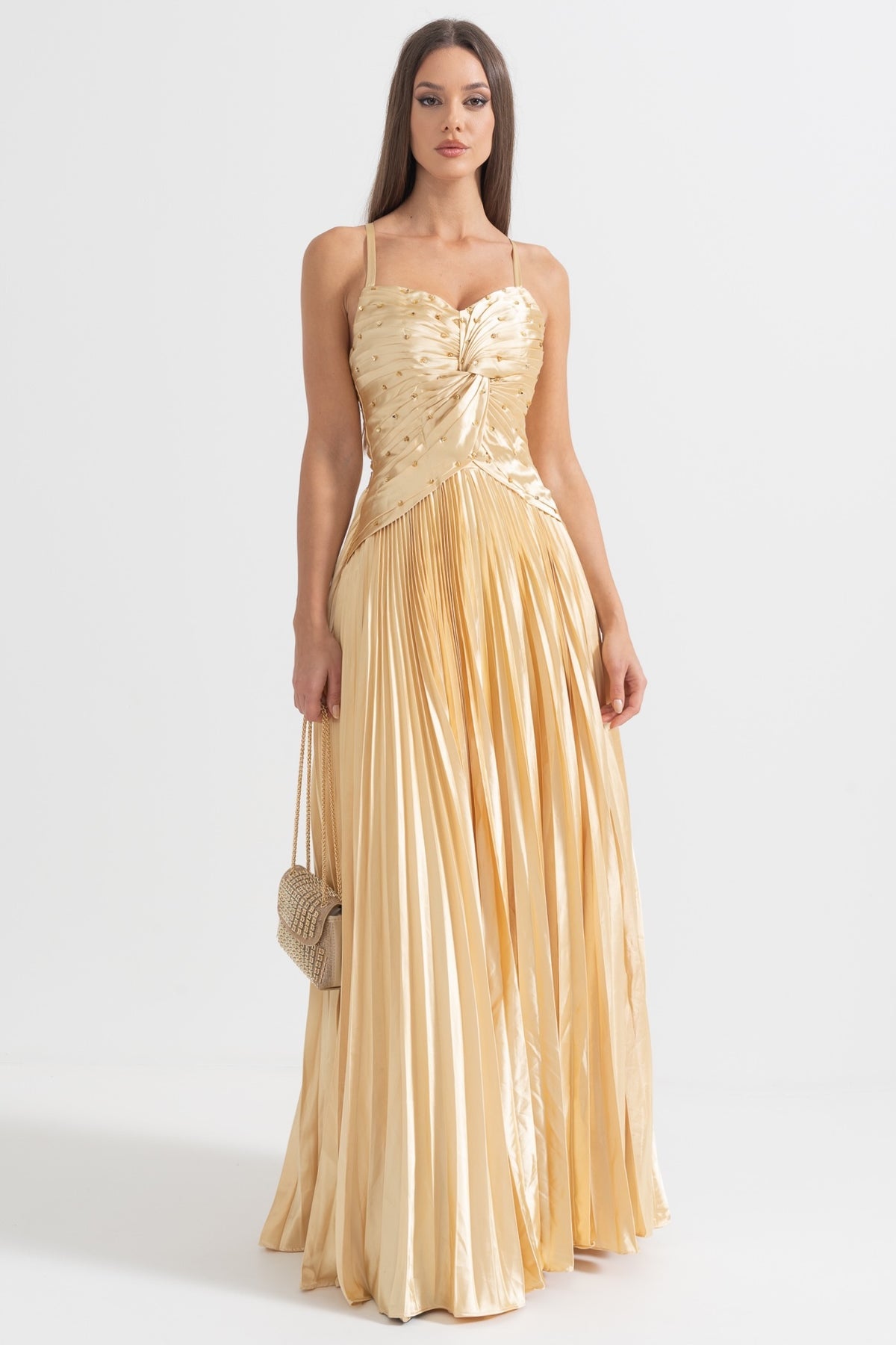 Golden Pleated Crystal Maxi Dress