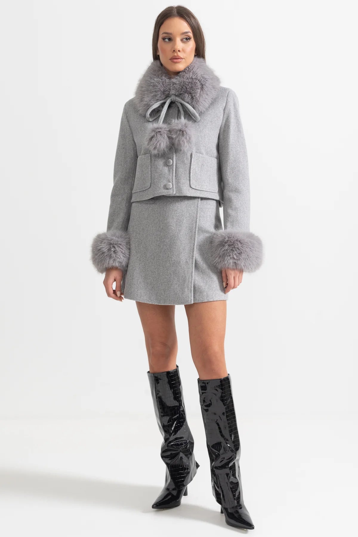 Woolen Two Piece Fur Cuffs Skirt And Jacket Set