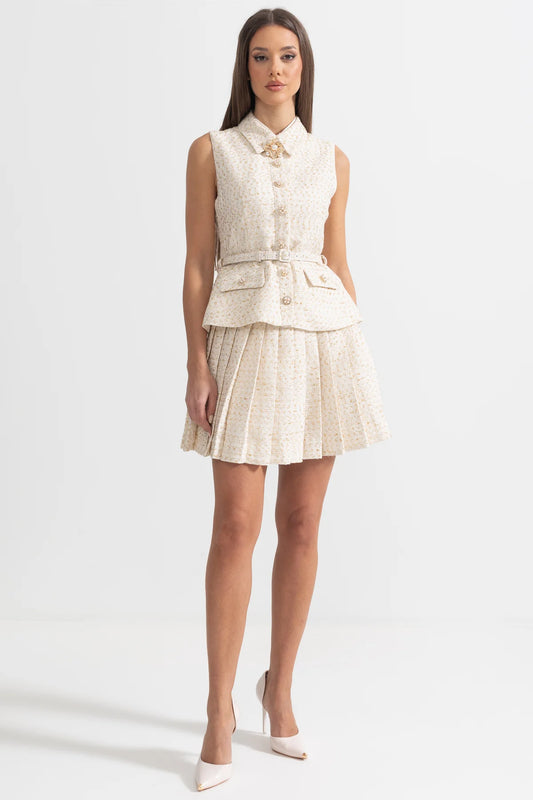 Sleeveless Crystal Tweed Belted Dress