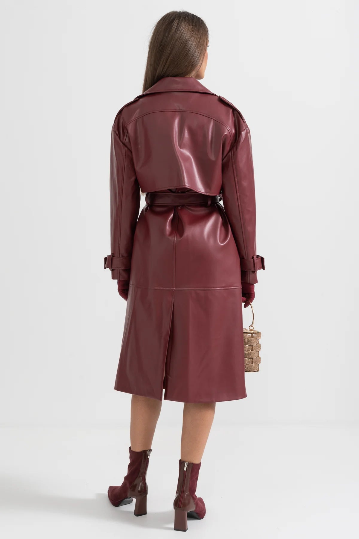 Burgundy Vegan Leather Trench Coat