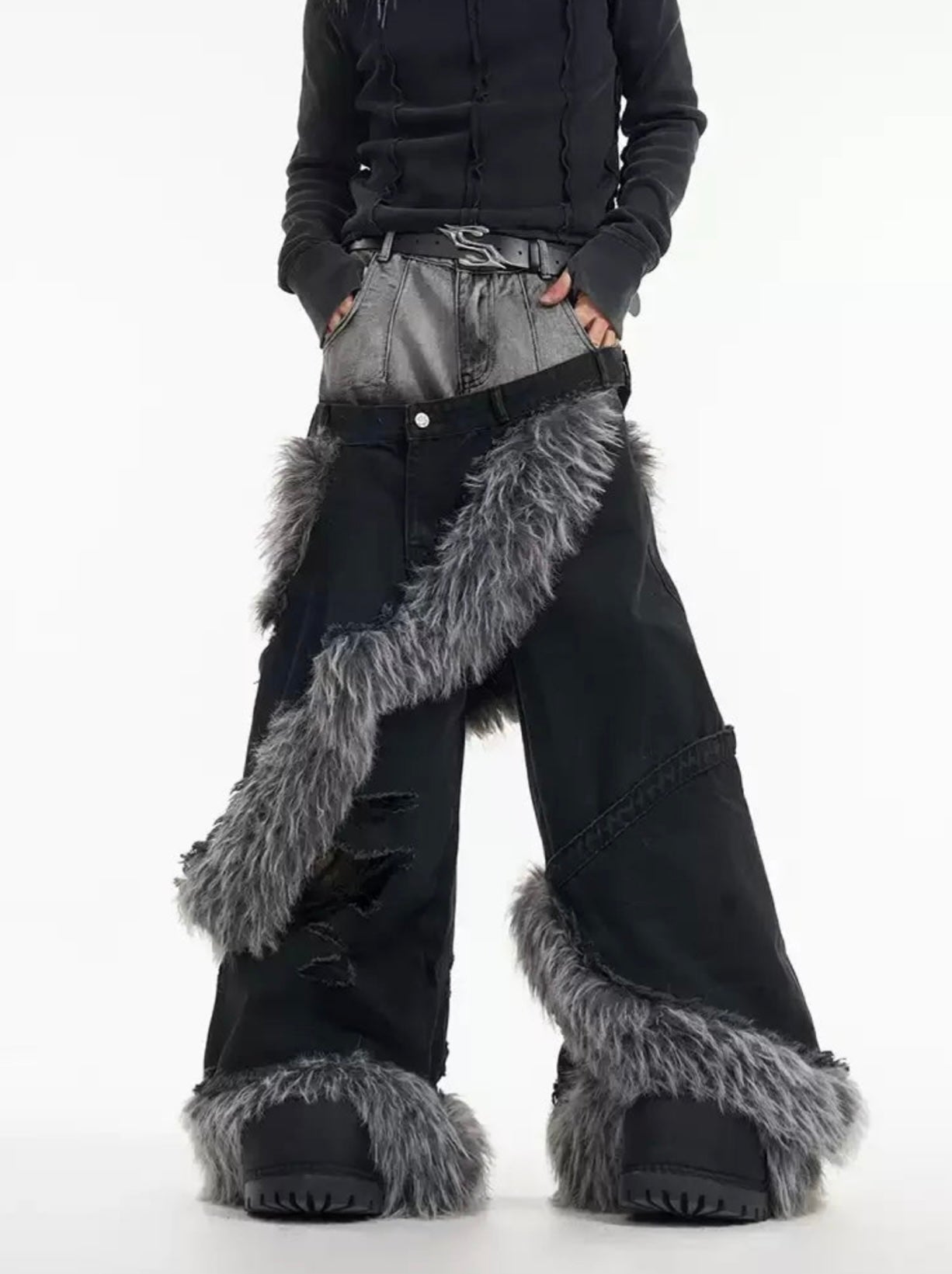 Fur Spiral Wide-Leg Flare Jeans