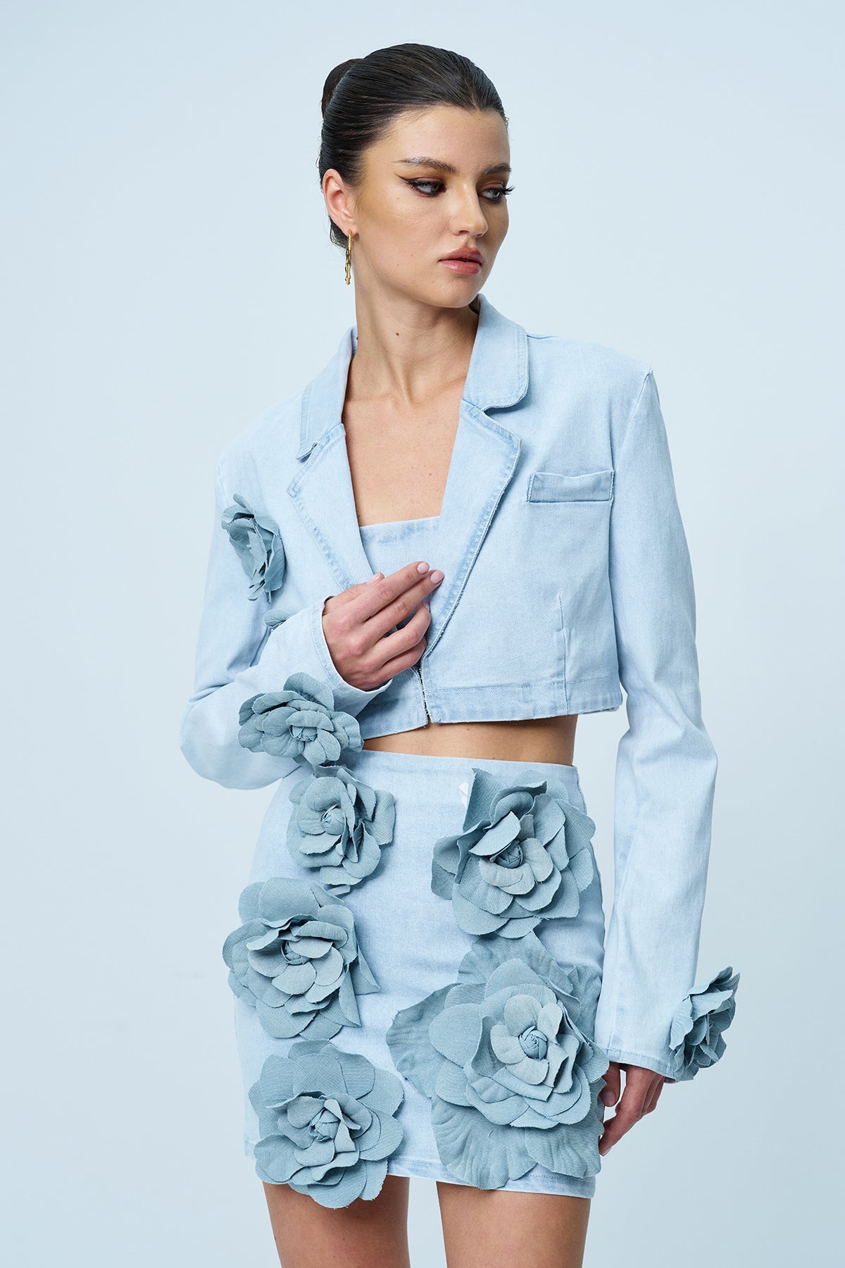 3D Flower Crop Blazer Coat And Skirt Denim Set