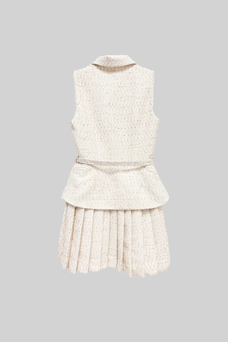 Sleeveless Crystal Tweed Belted Dress