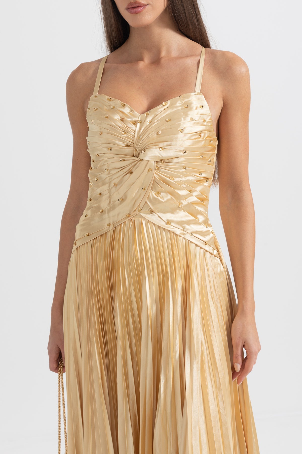 Golden Pleated Crystal Maxi Dress