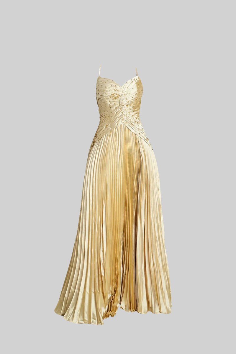 Golden Pleated Crystal Maxi Dress