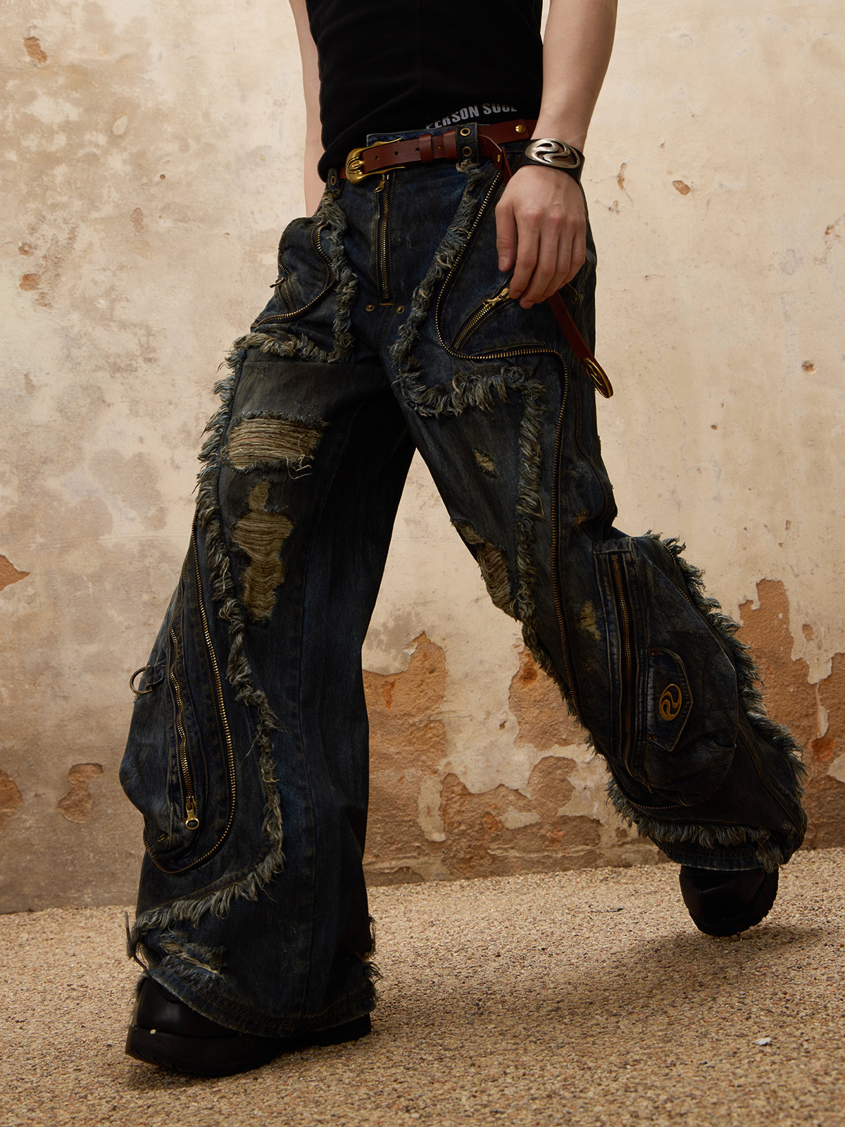 Aliens Distressed Spliced Zipper Denim Jeans