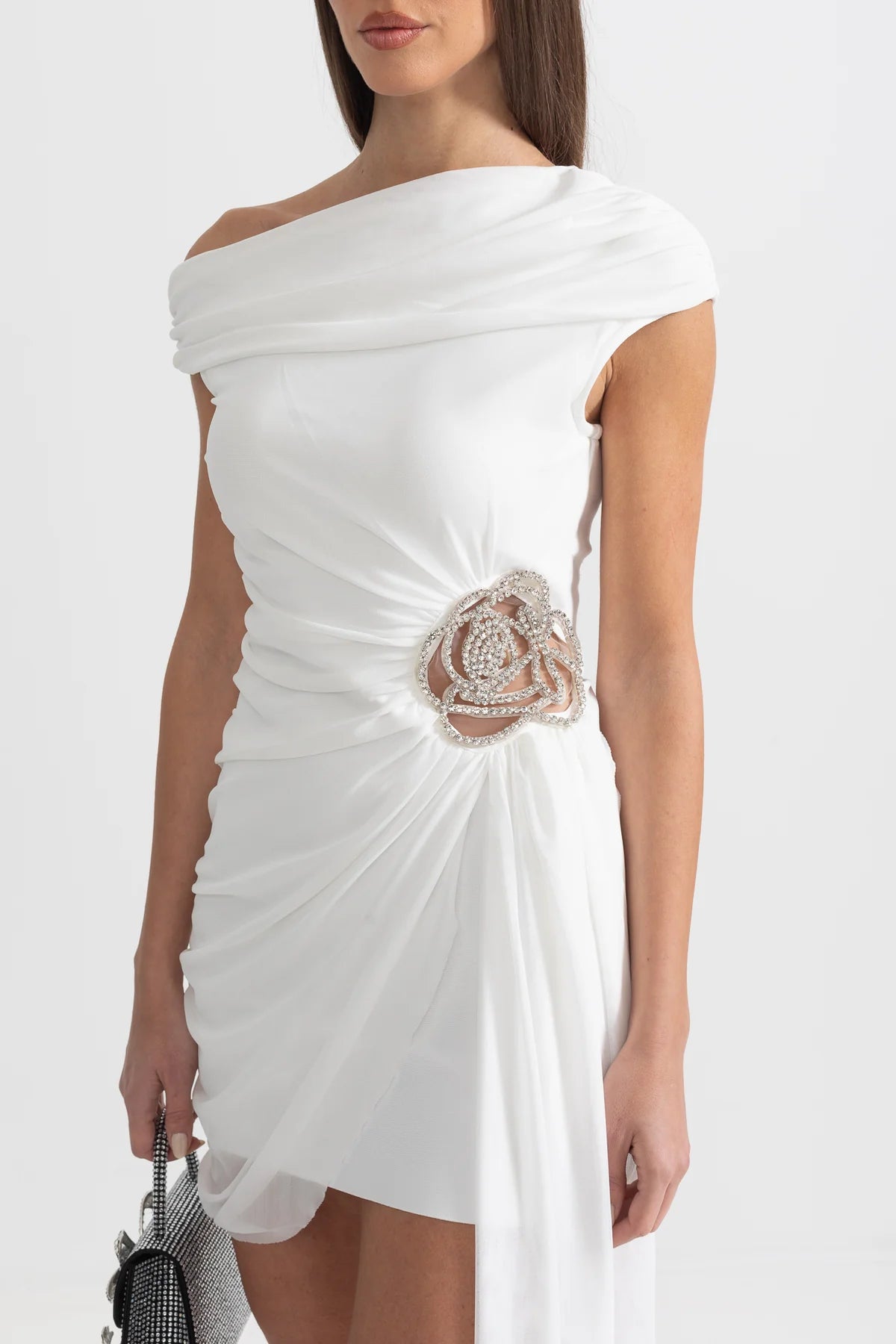 Crystal Floral Brooch Draped Dress