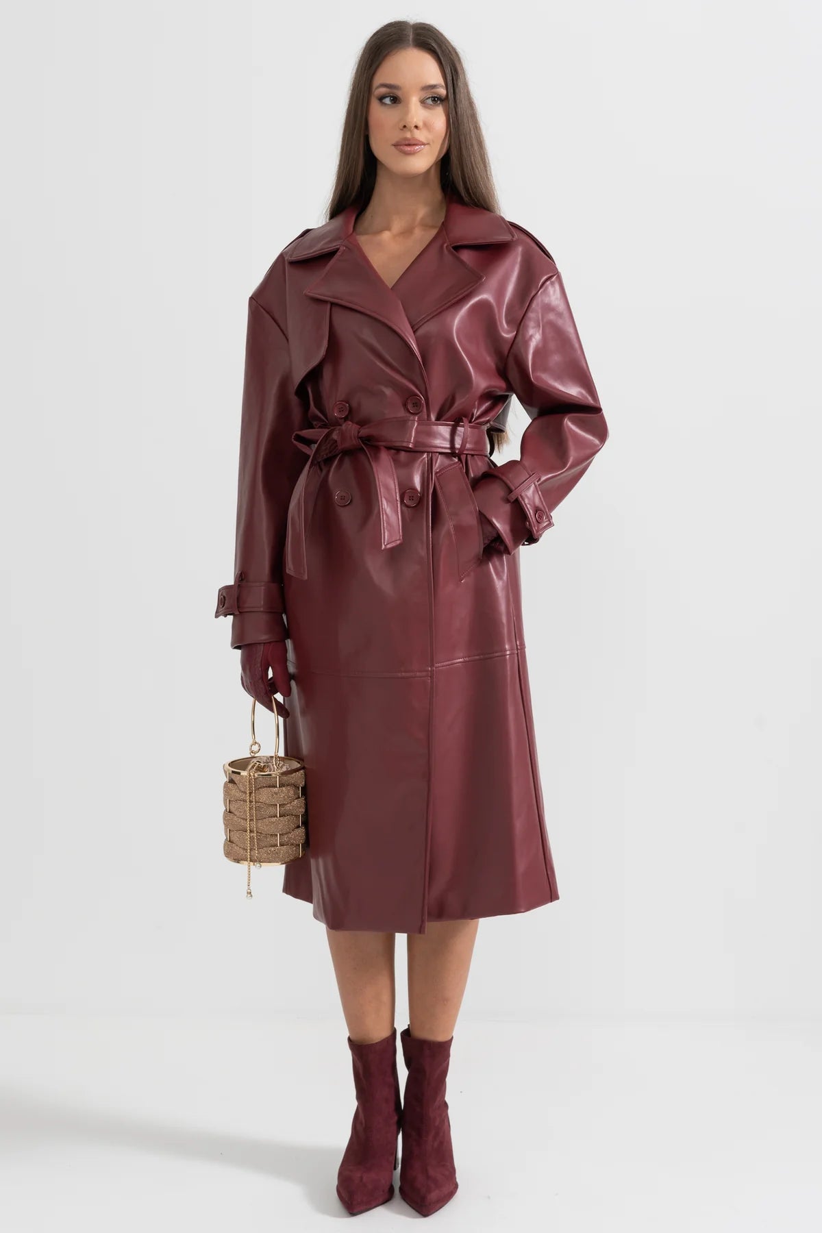 Burgundy Vegan Leather Trench Coat