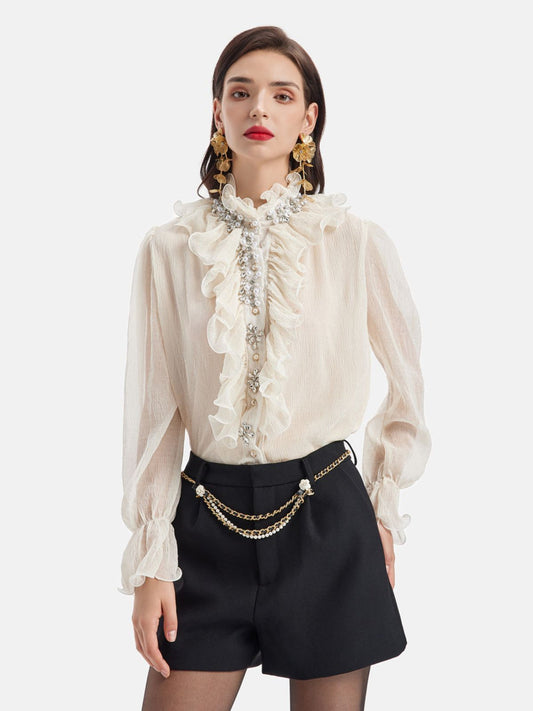 Ruffled Crystal Beaded Long-Sleeve Shirt