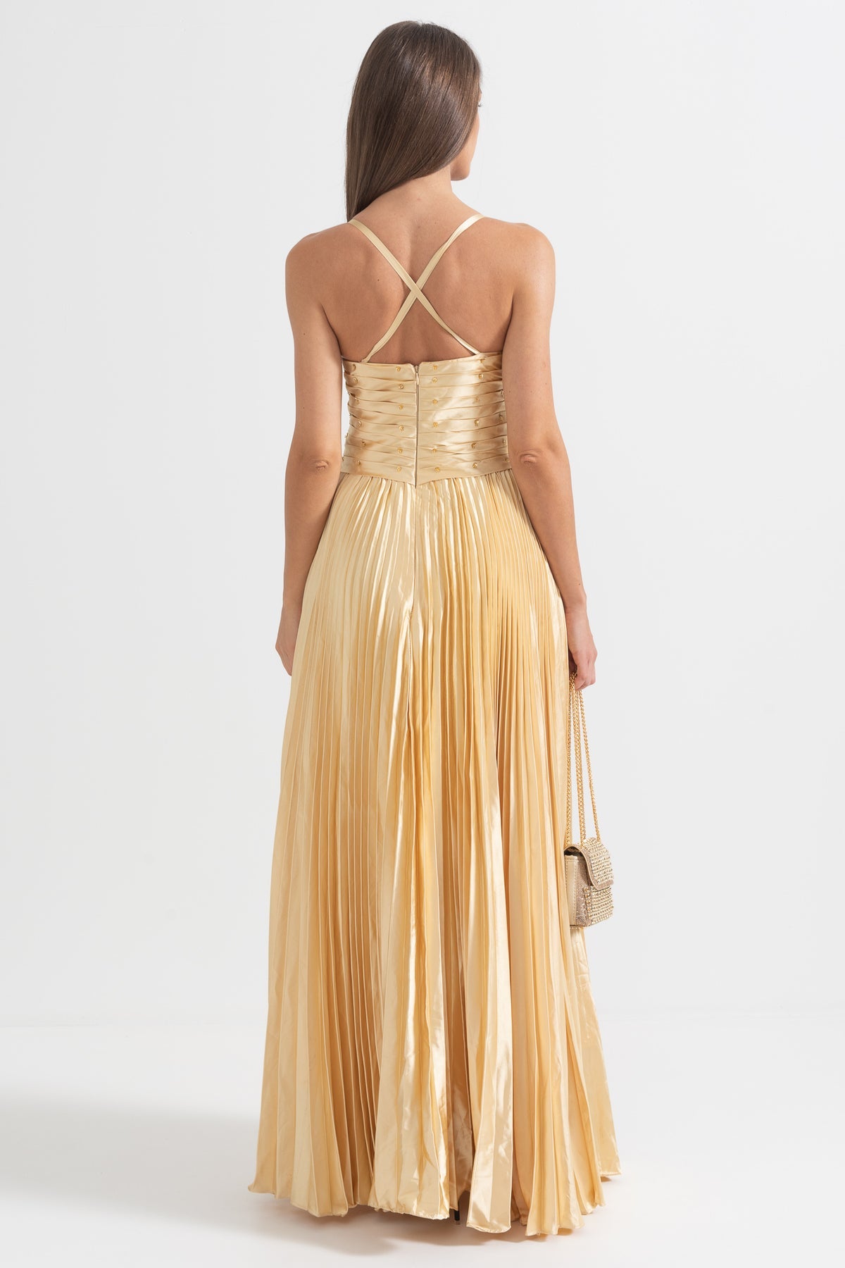 Golden Pleated Crystal Maxi Dress