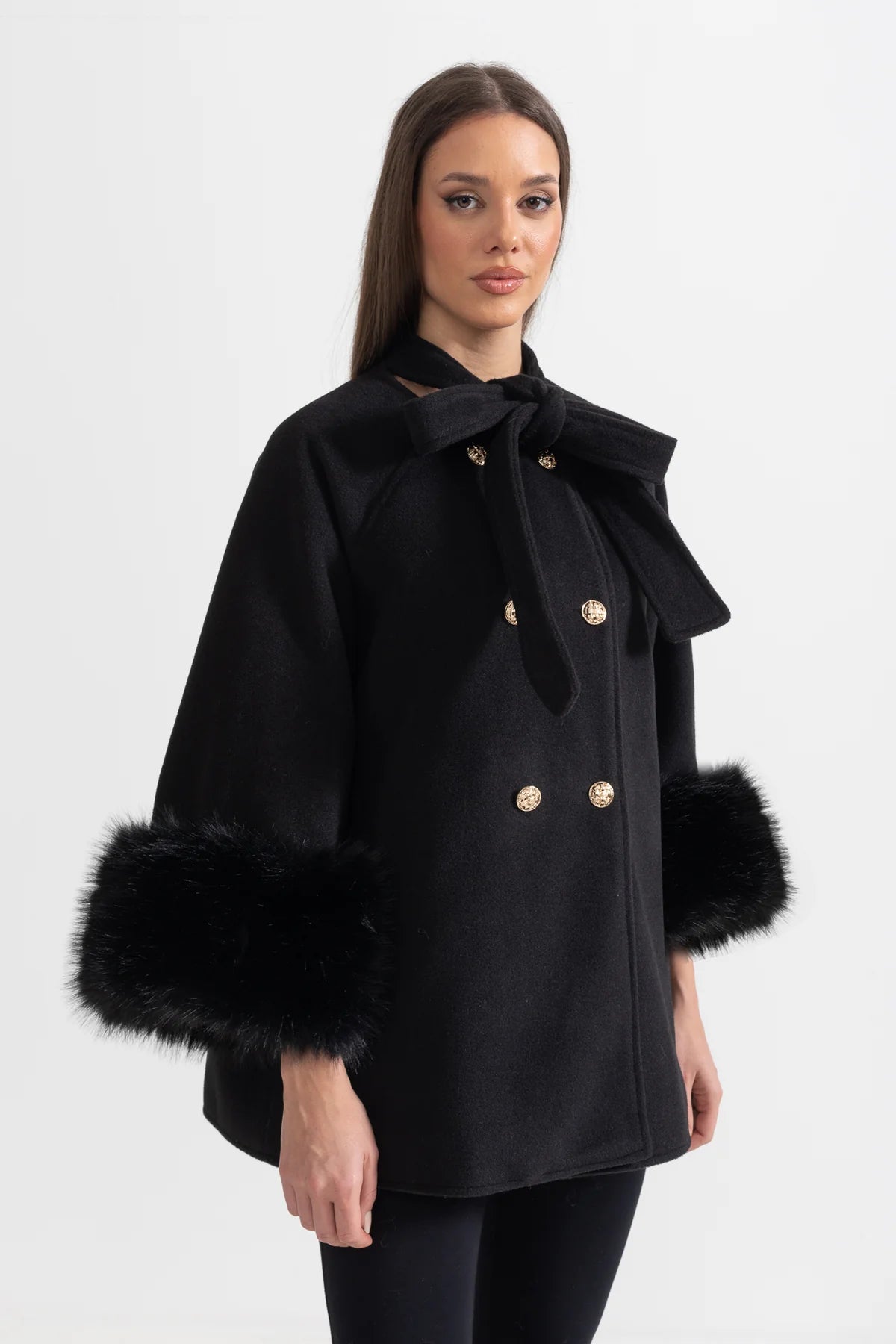 Woolen Cape Fur Cuff And Ribbon Coat