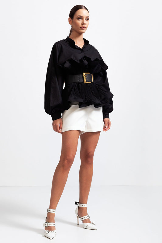 Ruffle Long-Sleeve Belted Shirt