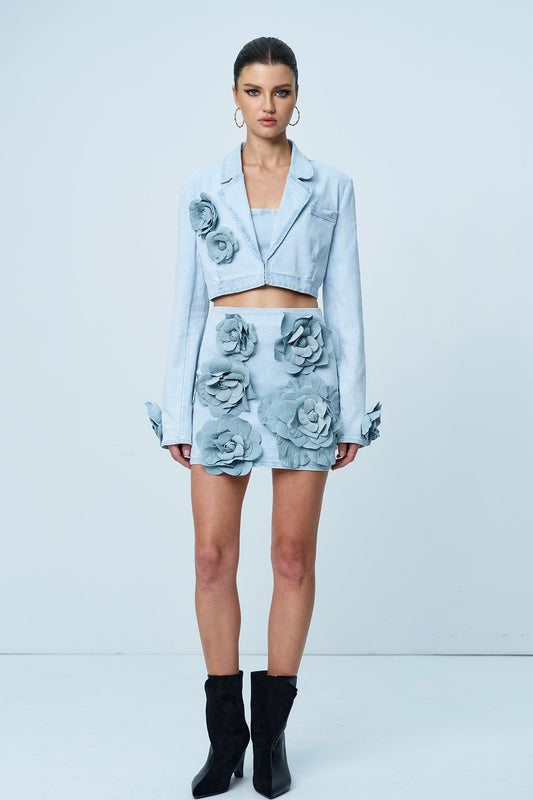 3D Flower Crop Blazer Coat And Skirt Denim Set