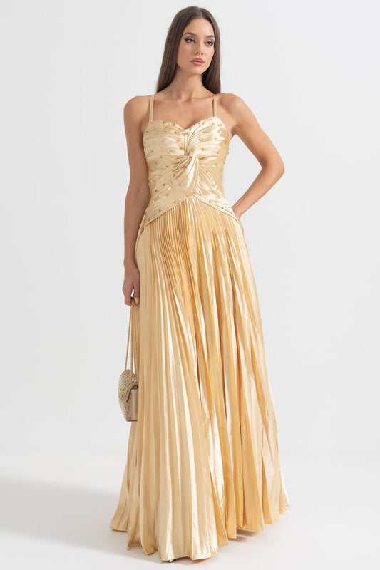 Golden Pleated Crystal Maxi Dress