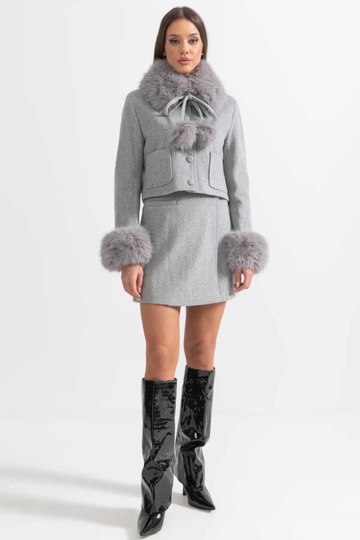 Woolen Two Piece Fur Cuffs Skirt And Jacket Set