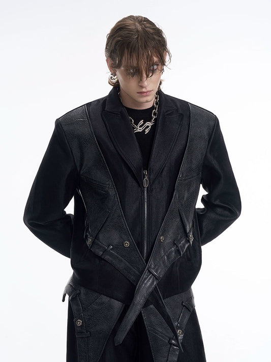 Layered Leather Splice Suit Jacket