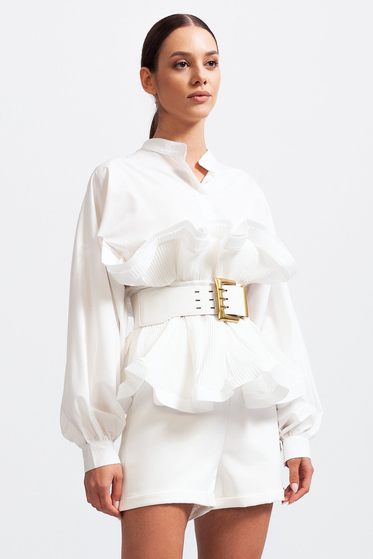 Ruffle Long-Sleeve Belted Shirt