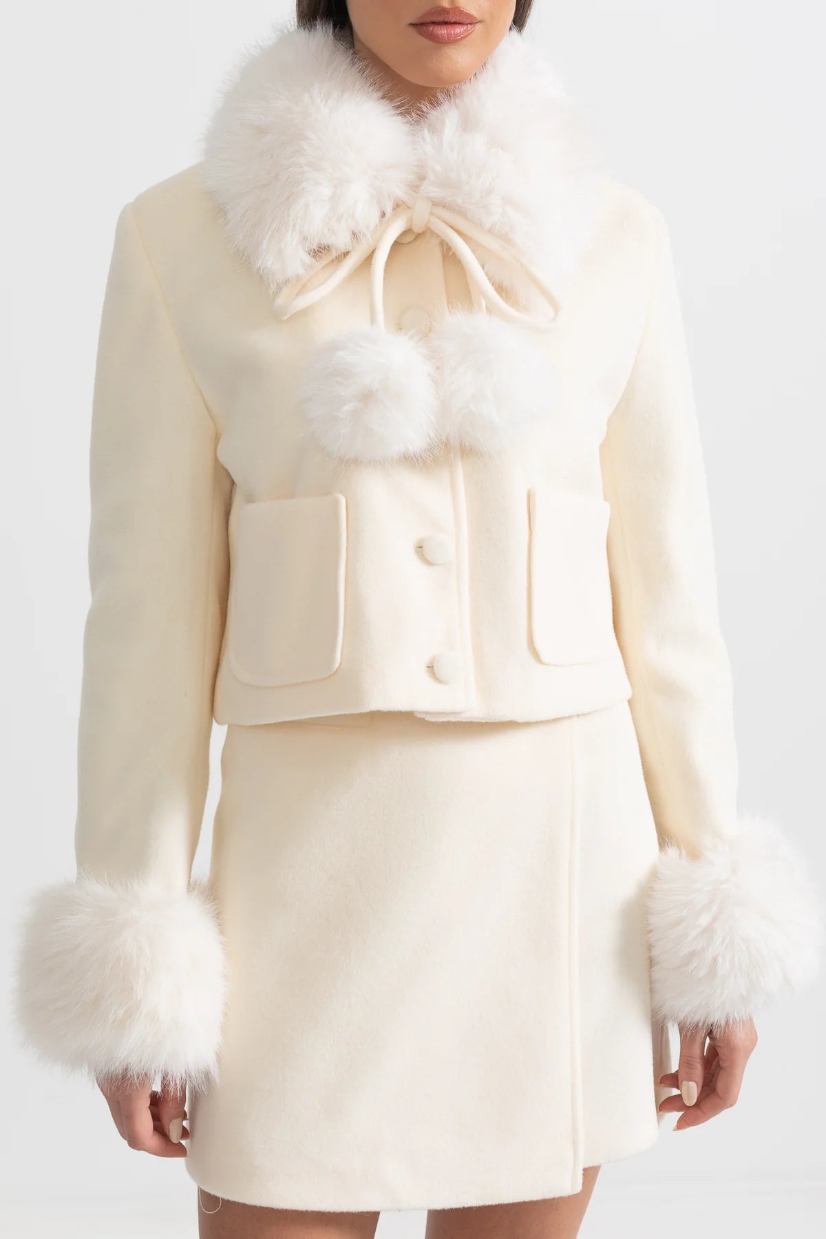 Woolen Two Piece Fur Cuffs Skirt And Jacket Set