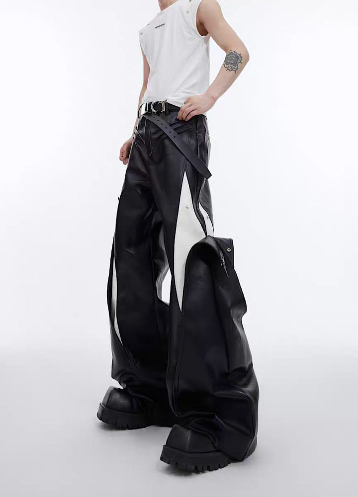 White and Black Contrast Splits Leather Pants