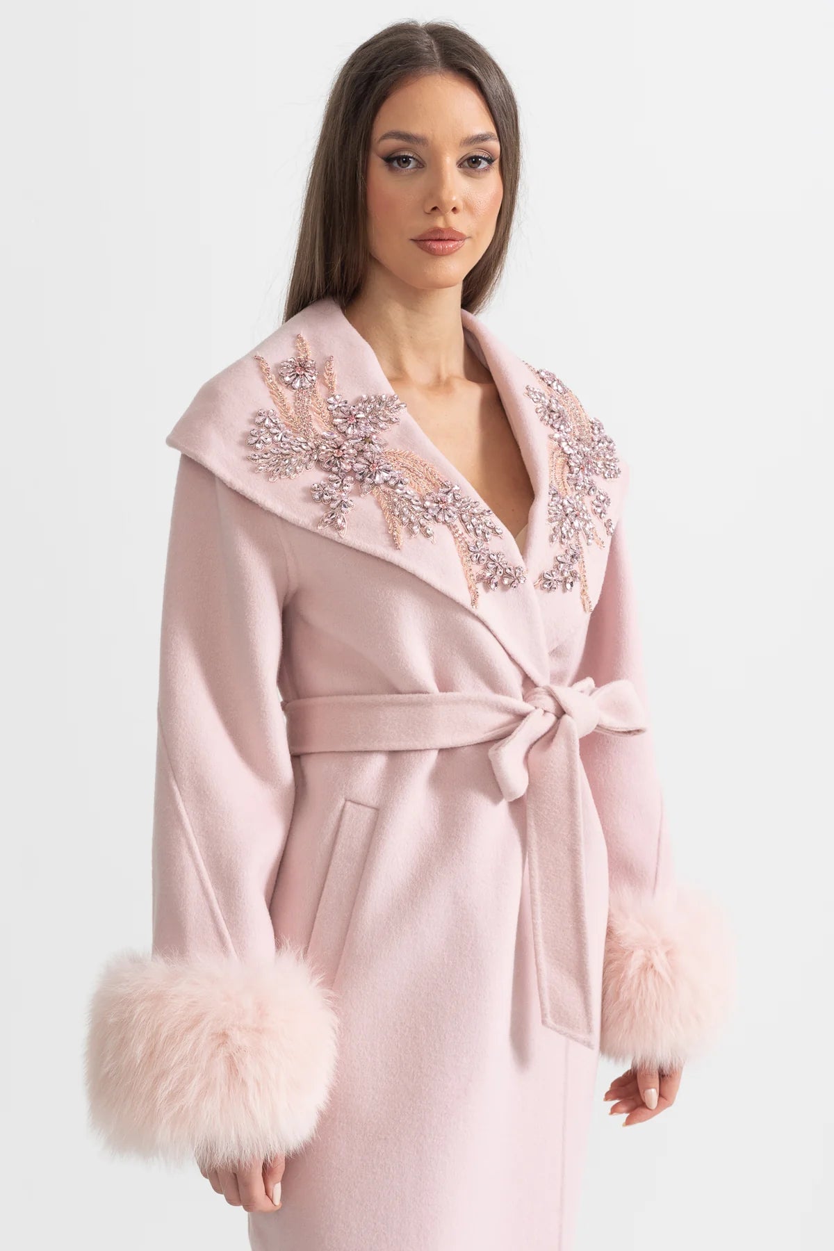 Cashmere Wool Fox Fur Crystal Embroidered Coat