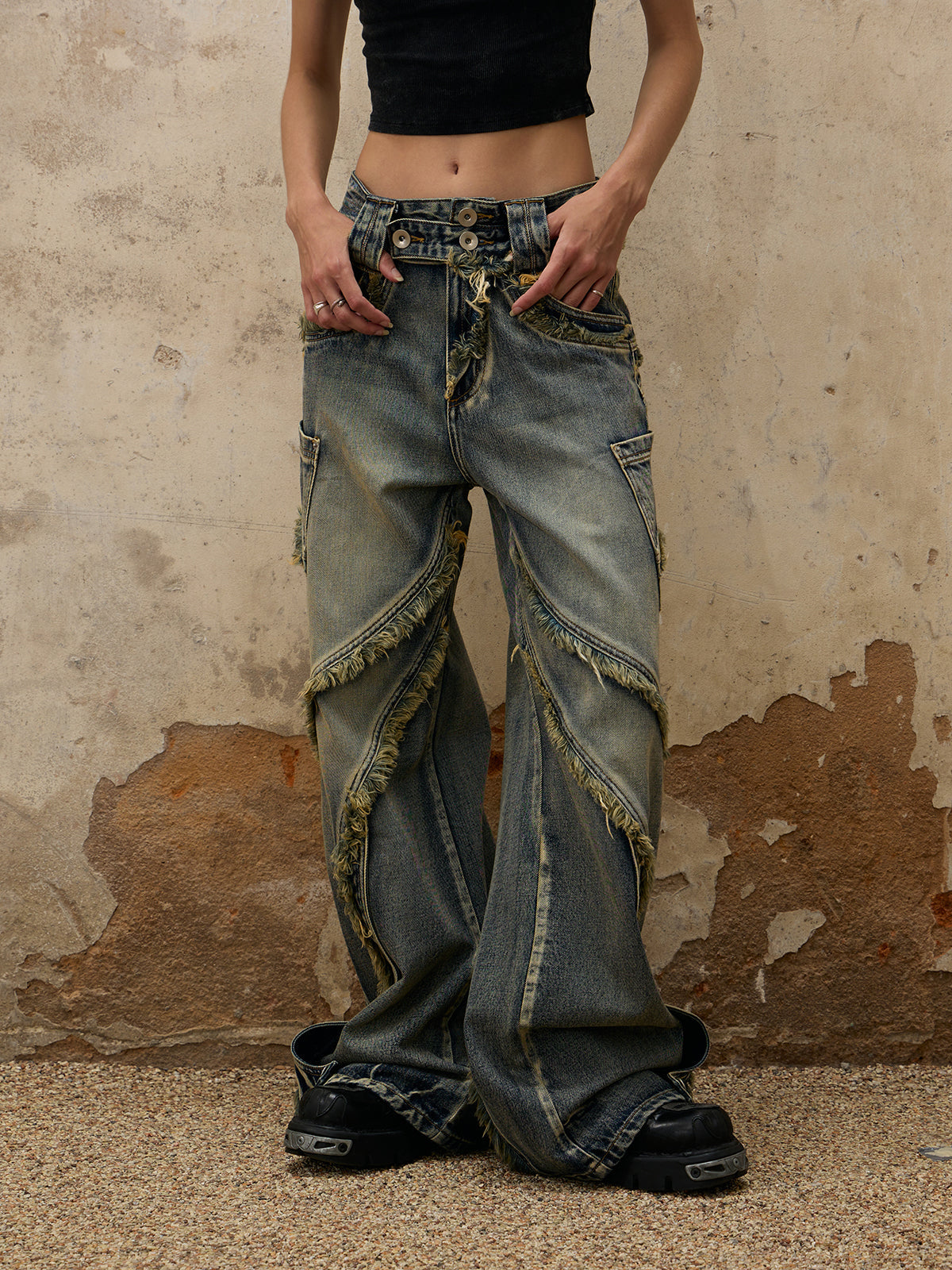 Retro Washed Distressed Structure Stitching Denim Jeans