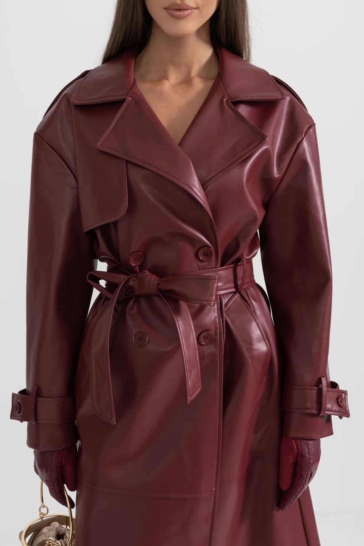 Burgundy Vegan Leather Trench Coat