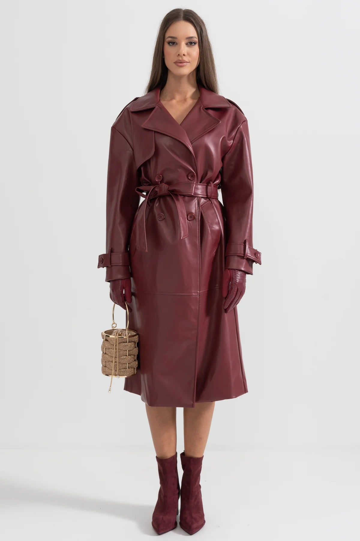 Burgundy Vegan Leather Trench Coat