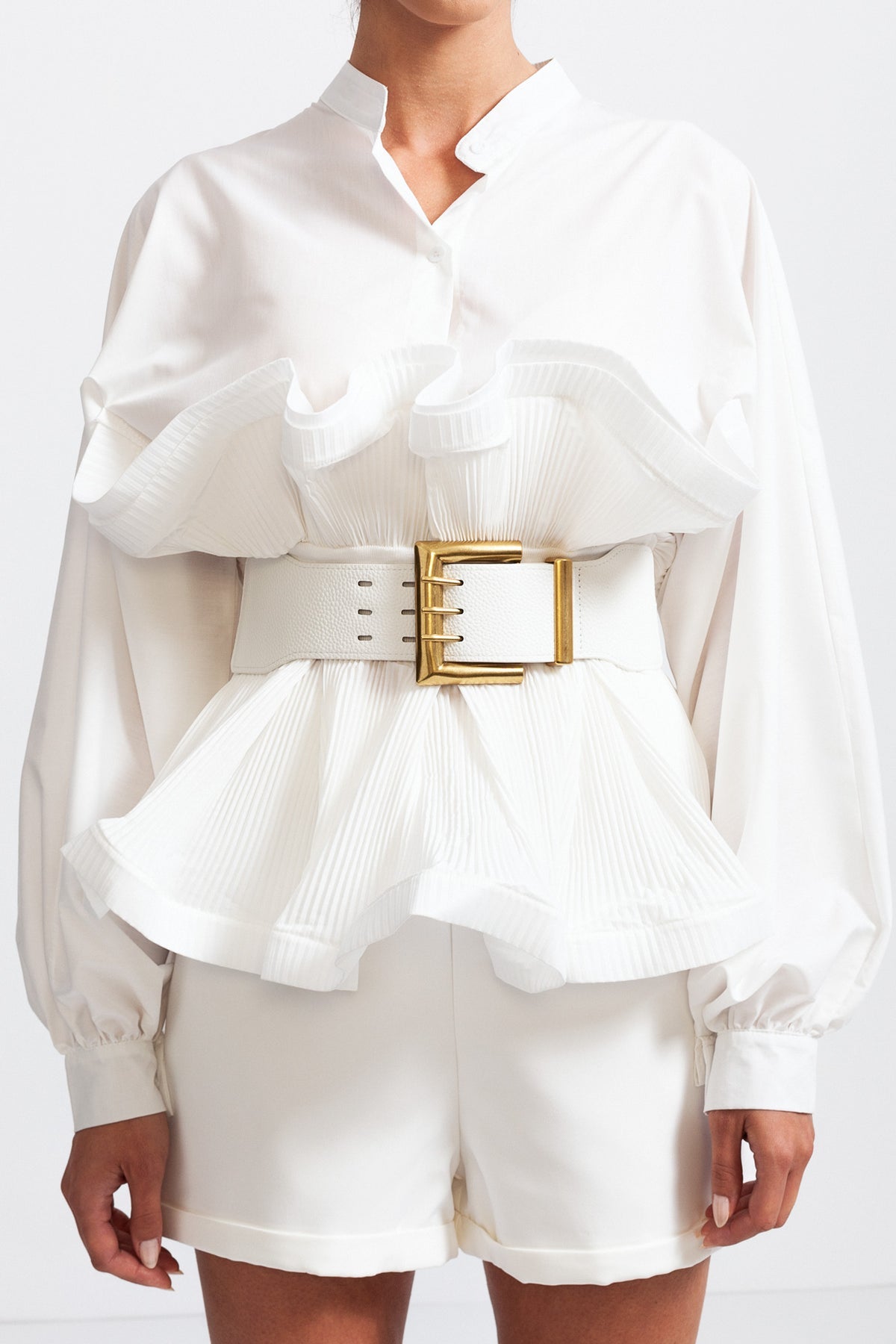 Ruffle Long-Sleeve Belted Shirt